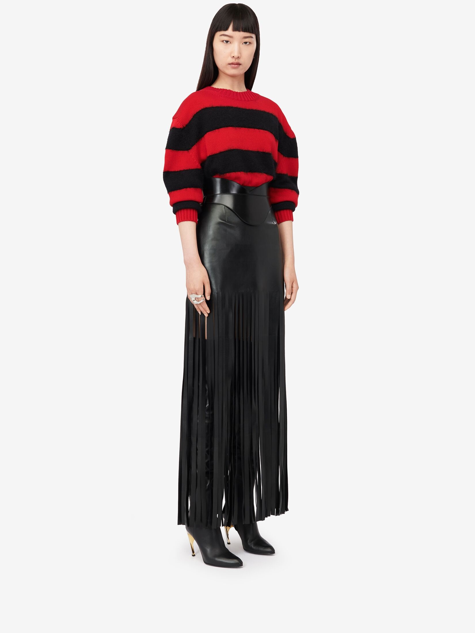 Women's Fringed Leather Skirt in Black - 3