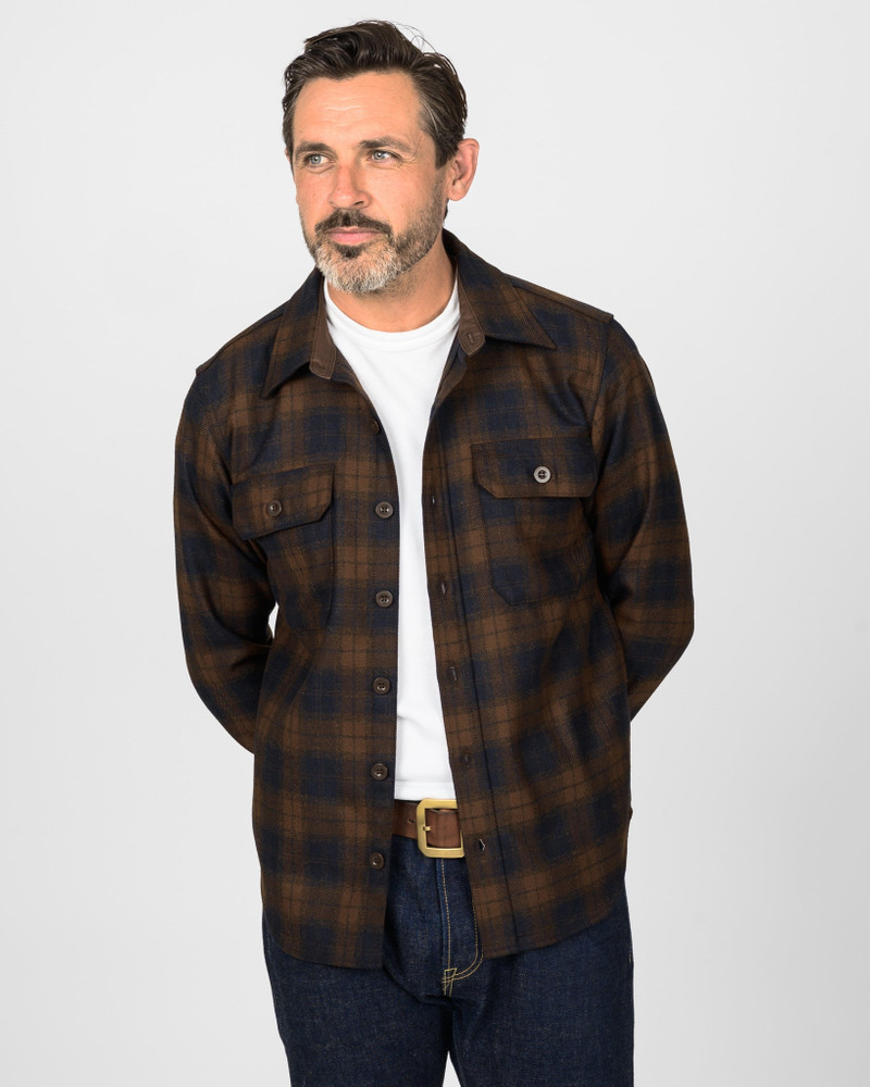 IHDR-434-BOT 14OZ FOX BROTHERS® WOOL CPO SHIRT - BOTTLE BROWN ADMIRAL CHECK 3
