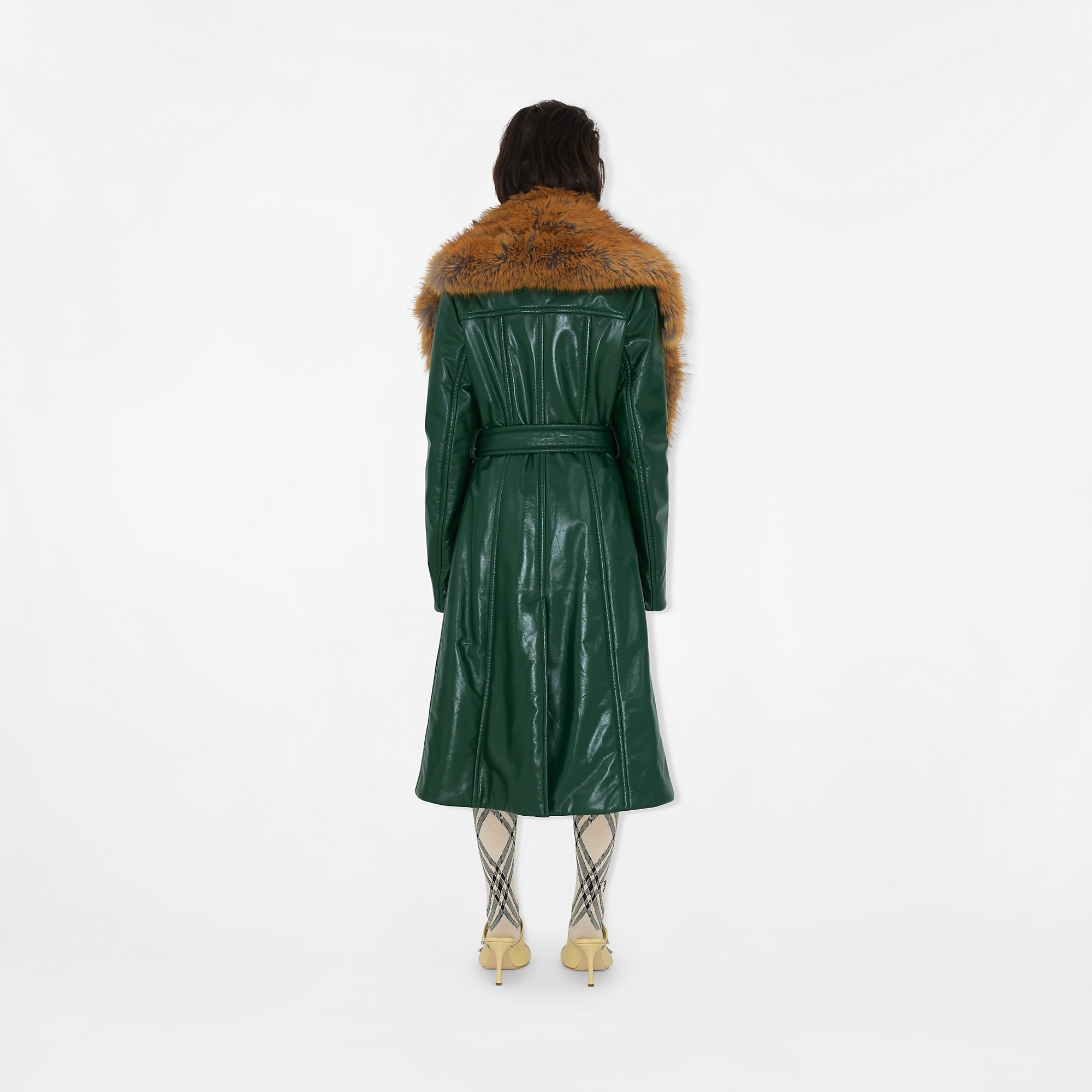Faux Fur Collar Leather Coat - 5