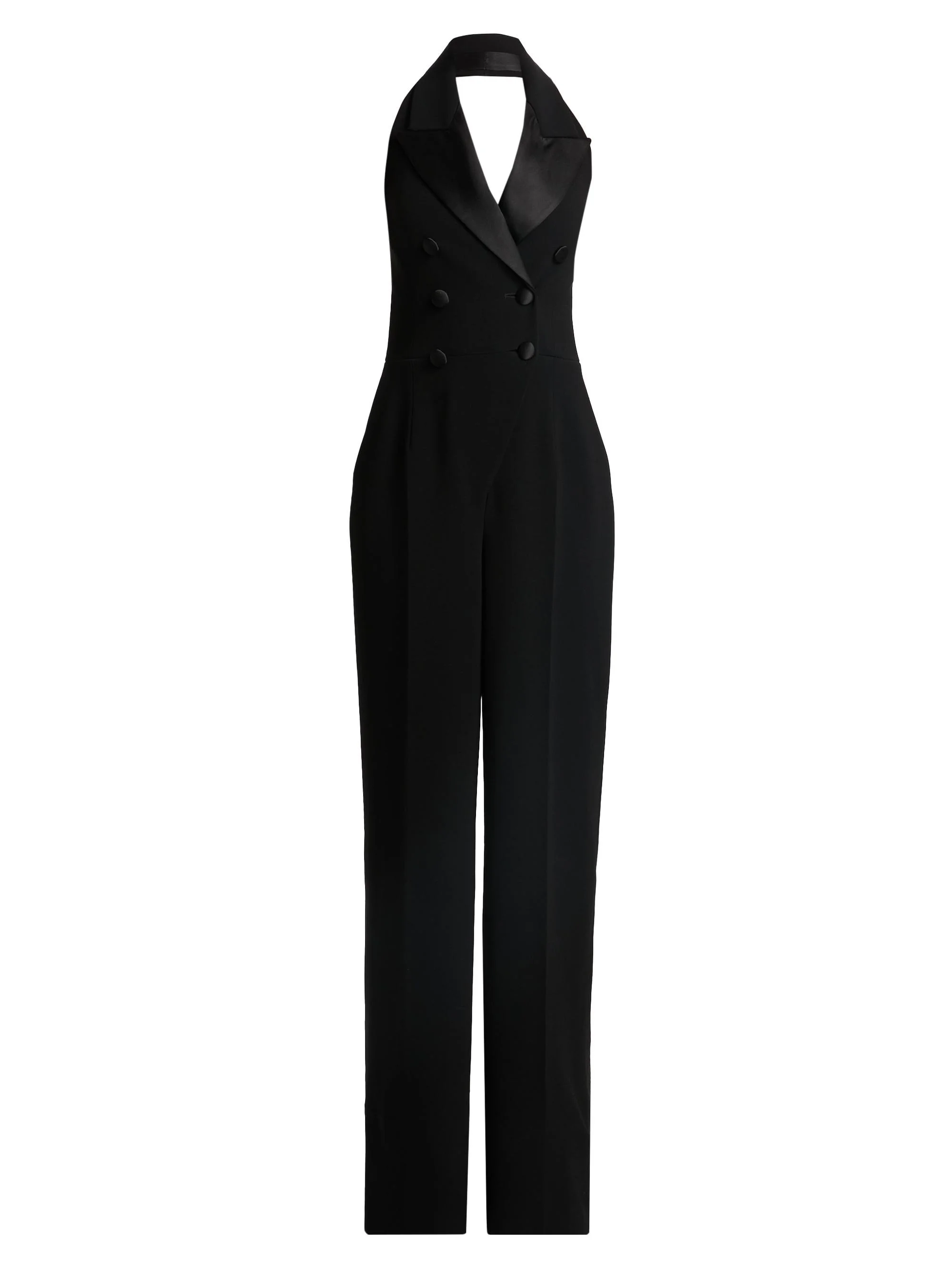 Women's Satin Lapel Halter Crepe Jumpsuit - Ebony - 1