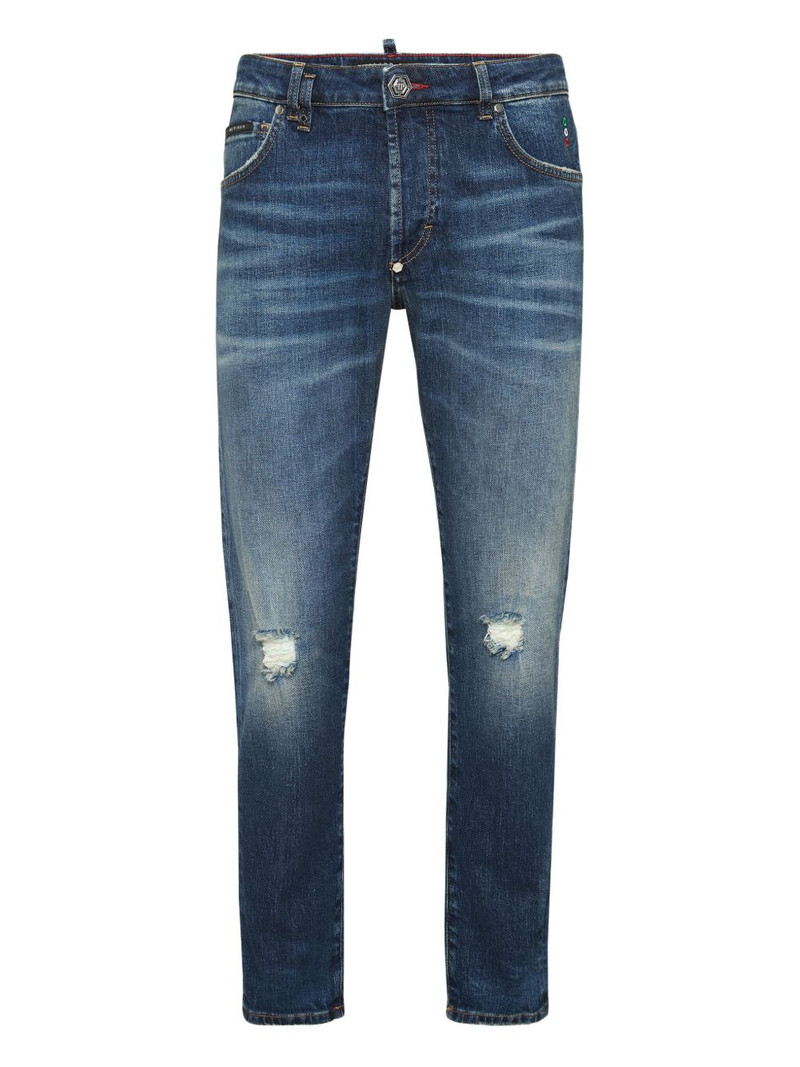 distressed logo-plaque jeans 1