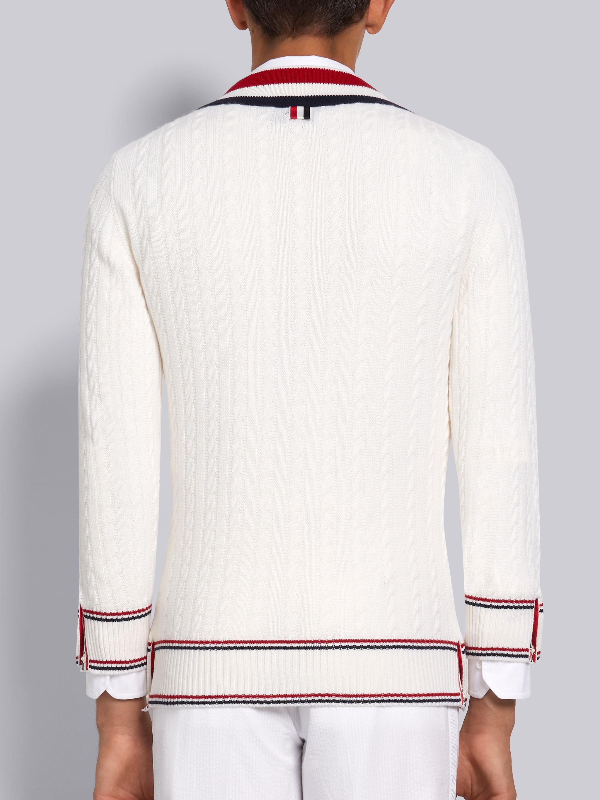 White Cashmere Heritage Cable Relaxed Fit Stripe V-Neck Pullover - 3