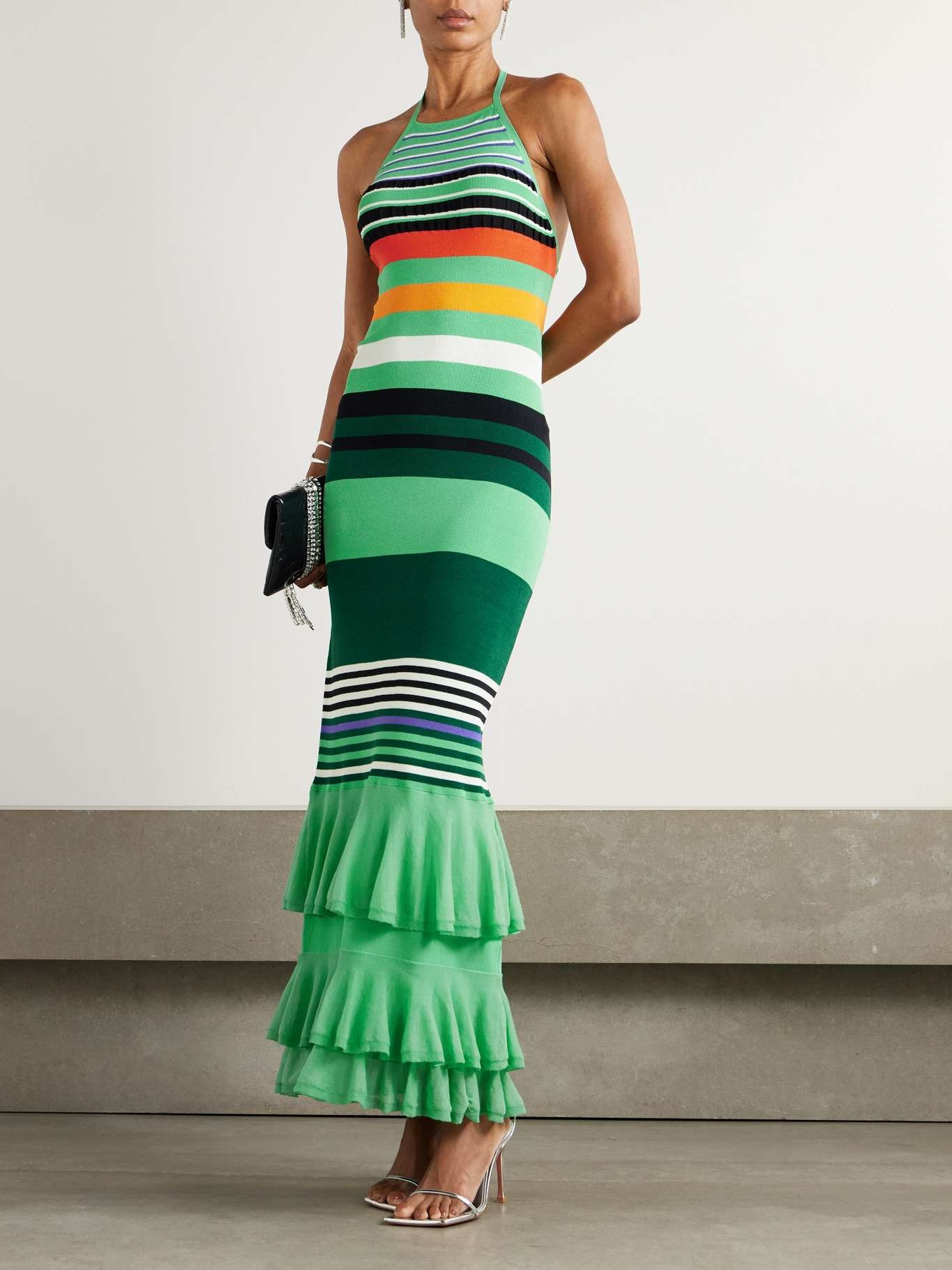 Ruffled striped stretch-knit halterneck maxi dress Multi - 2