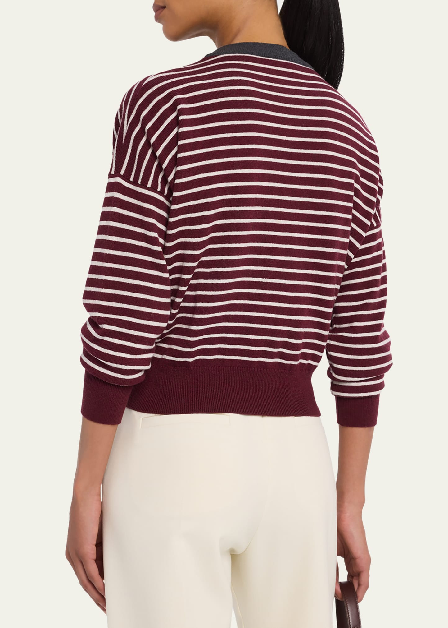 Striped Wool-Cashmere Crewneck Cardigan - 3