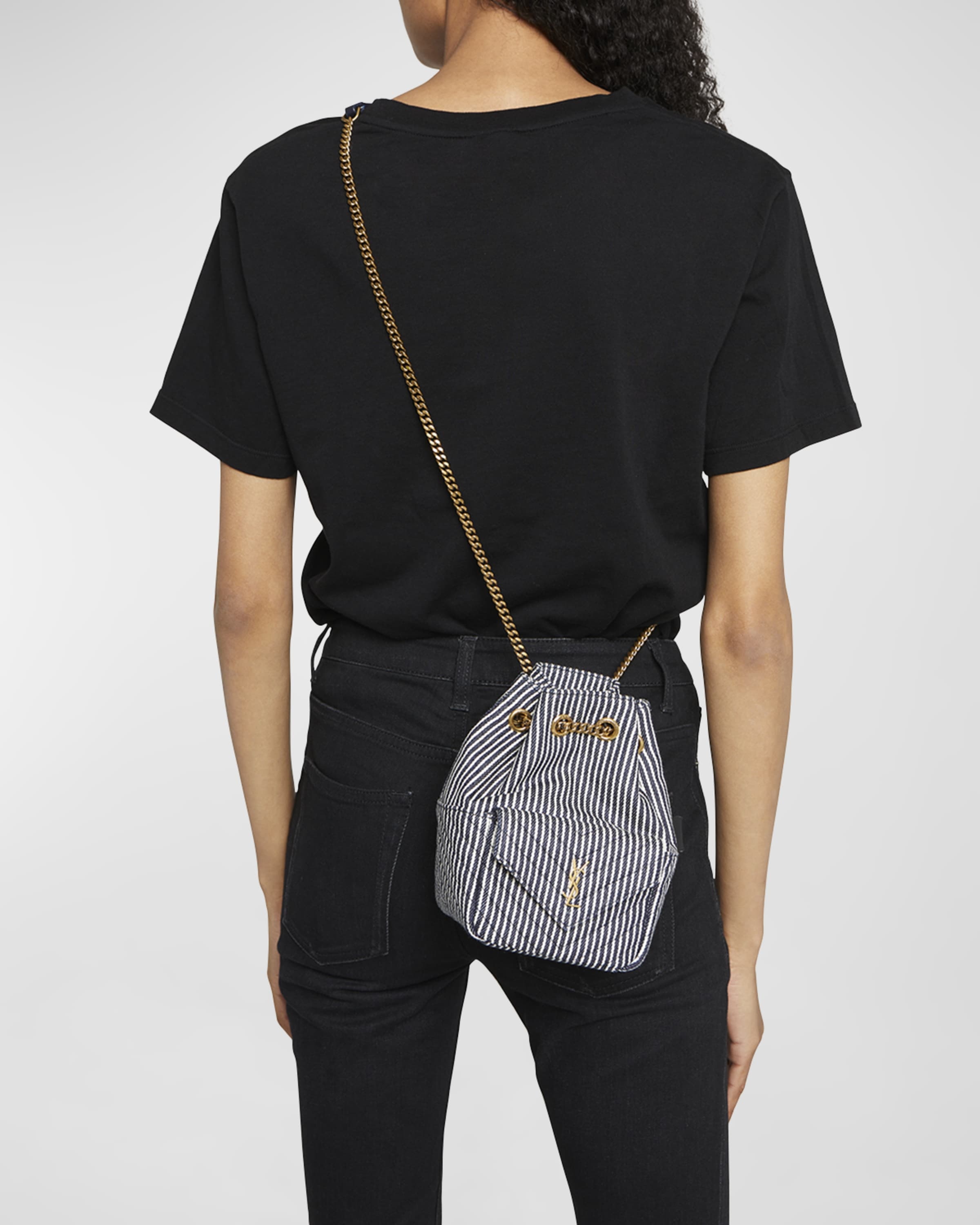 SAINT LAURENT Mini YSL Striped Denim Bucket Bag