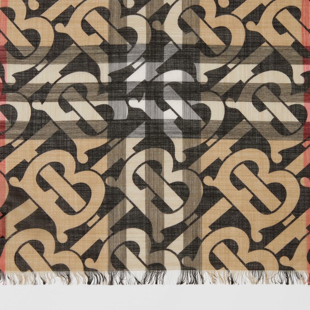 Monogram Print Lightweight Check Wool Silk Scarf - 2