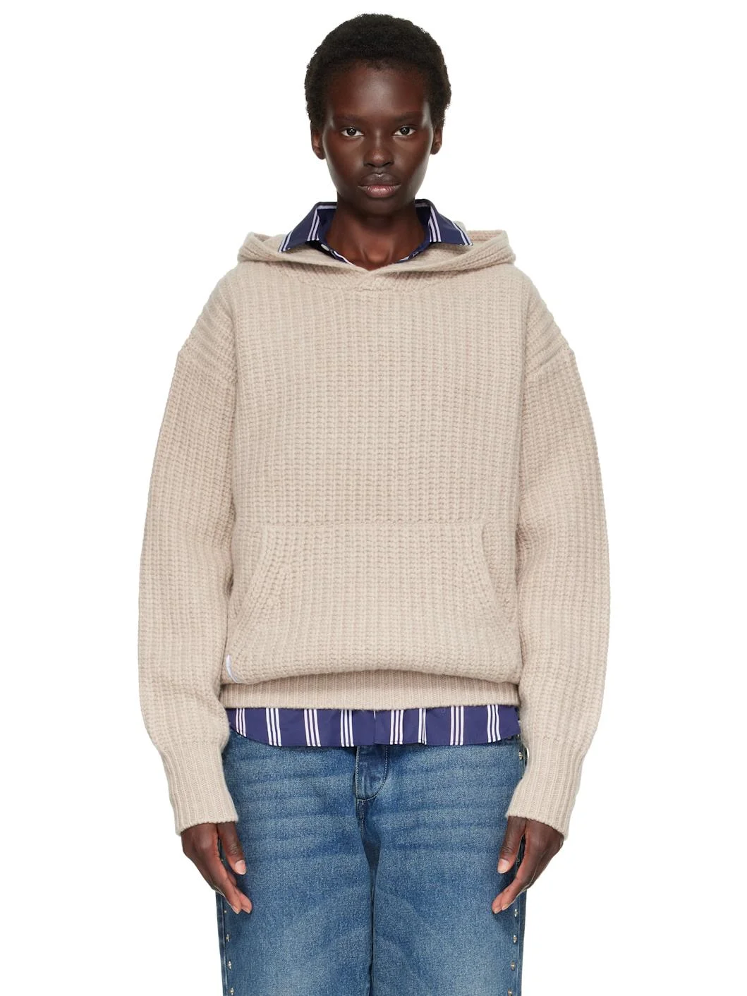 Beige Chunky Knit Hoodie - 1