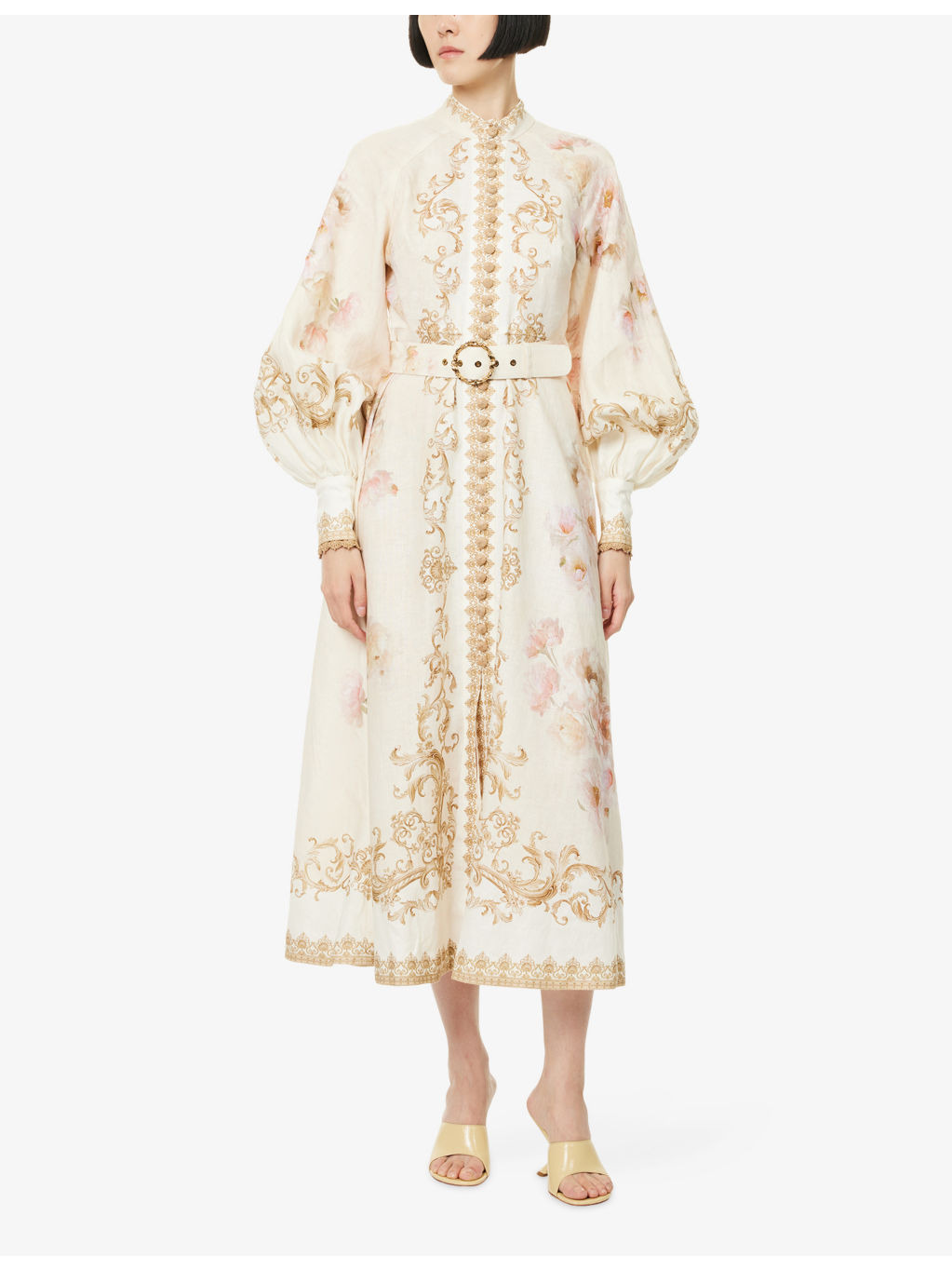 Printed Silk-Belt Buttoned Linen Midi Dress - 3