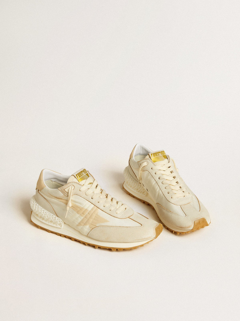 Golden Goose Men's Marathon in beige nylon and gray leather with beige printed star outlook
