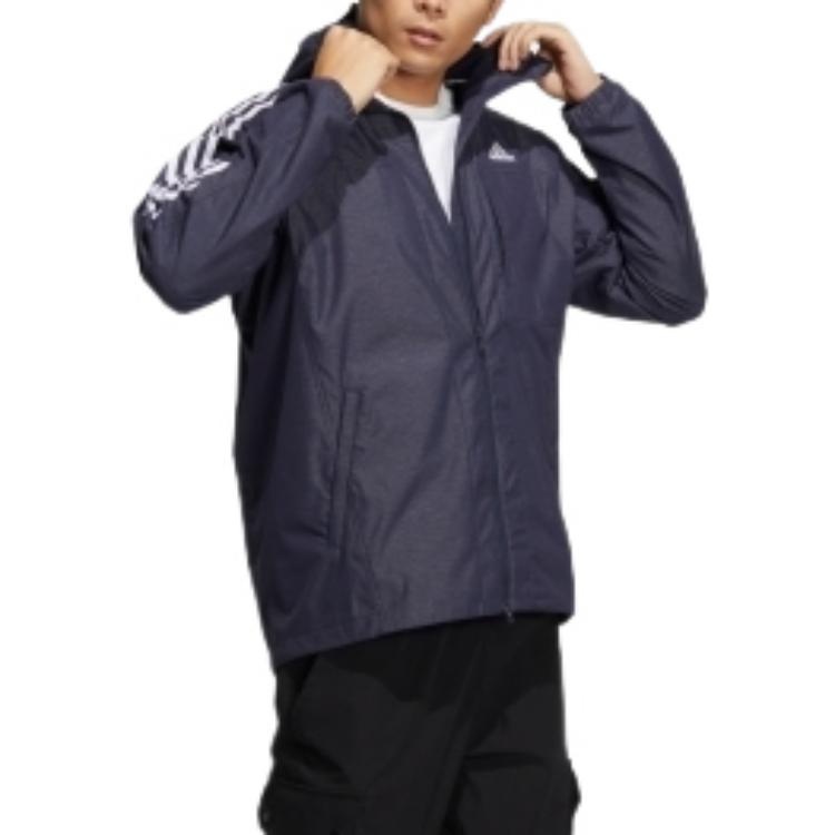 Men's adidas Classic Logo Printing Zipper Hooded Jacket Navy Blue HM2721 - 4