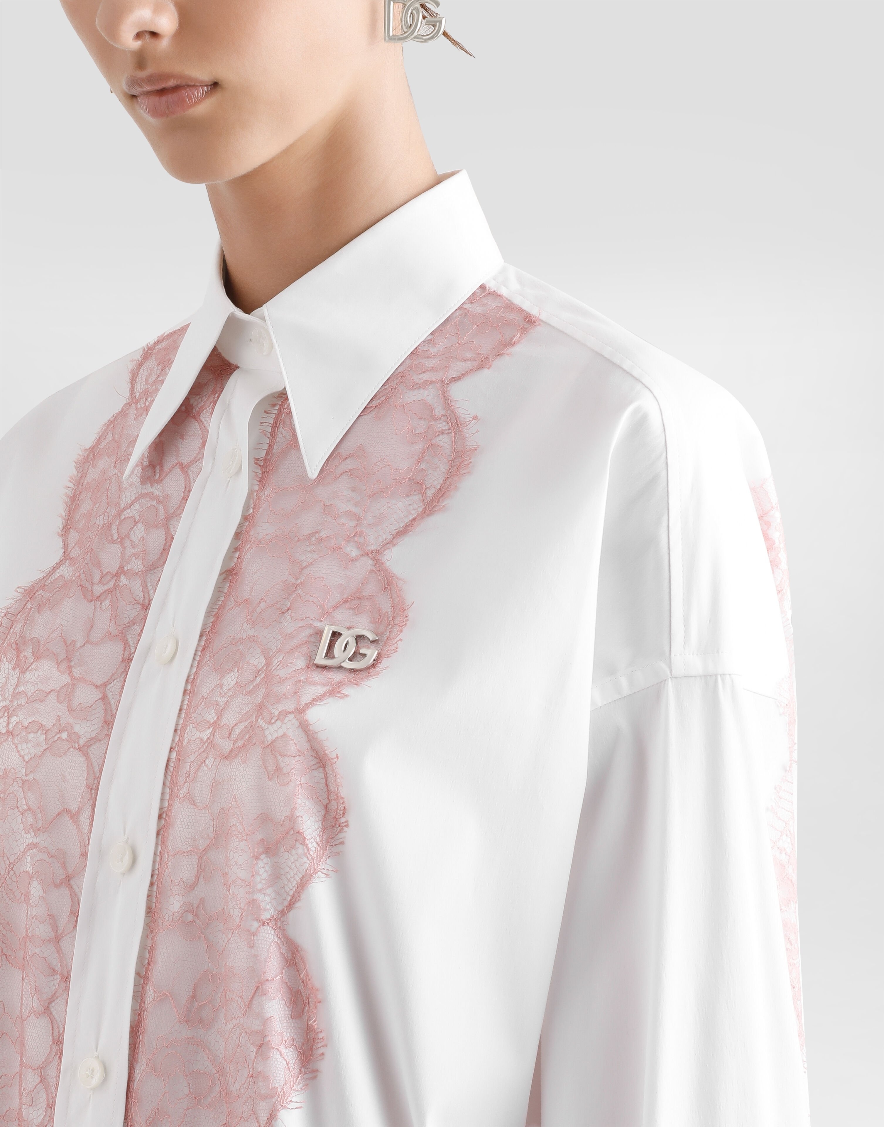 Oversize cotton poplin shirt with lace appliqués - 4