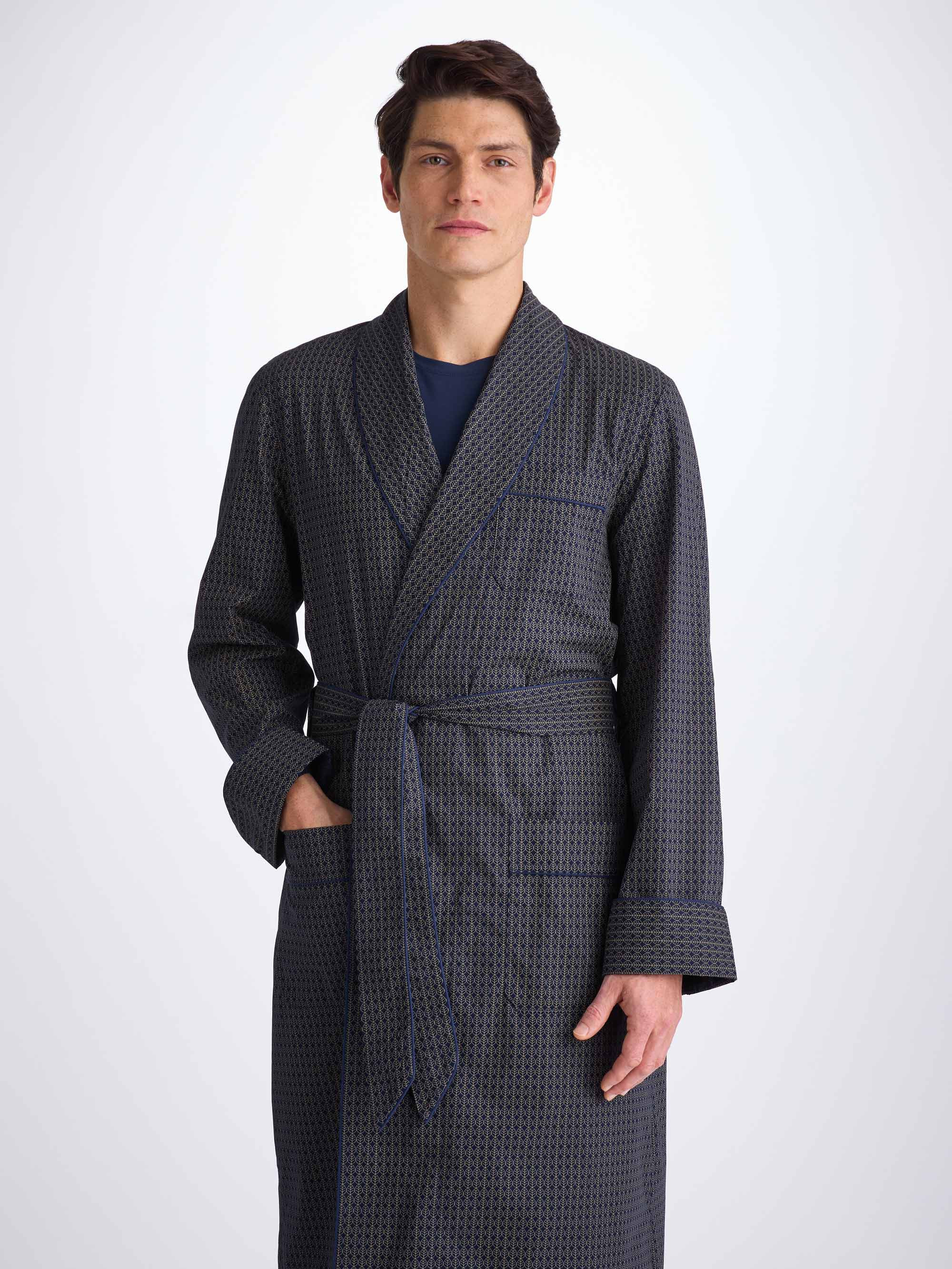 Men's Robe Cotton Batiste Navy Jungle Leaf Print - 6