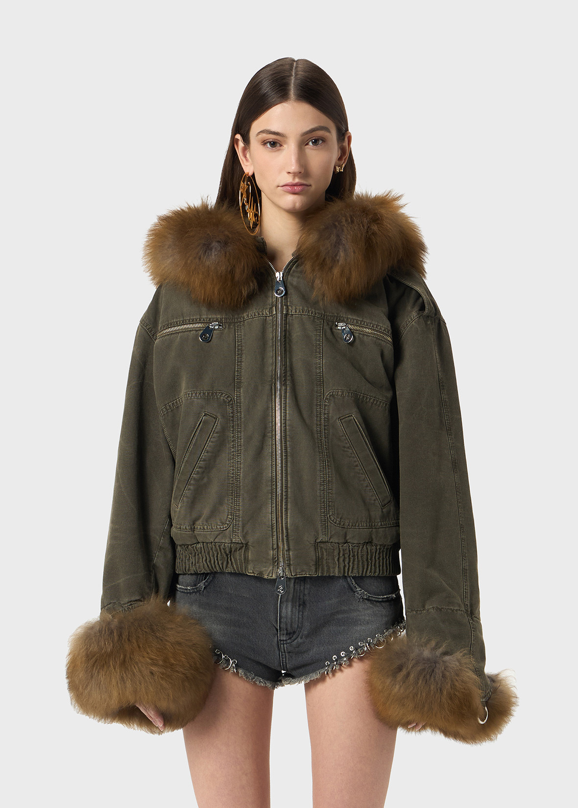 CANVAS BOMBER JACKET WITH FAUX FUR - 3