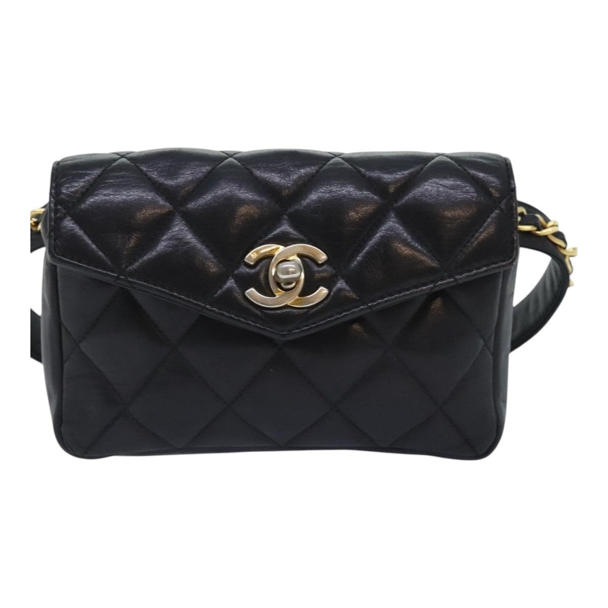 CHANEL Matelasse Waist Bag Lamb Skin Black Gold CC - 13