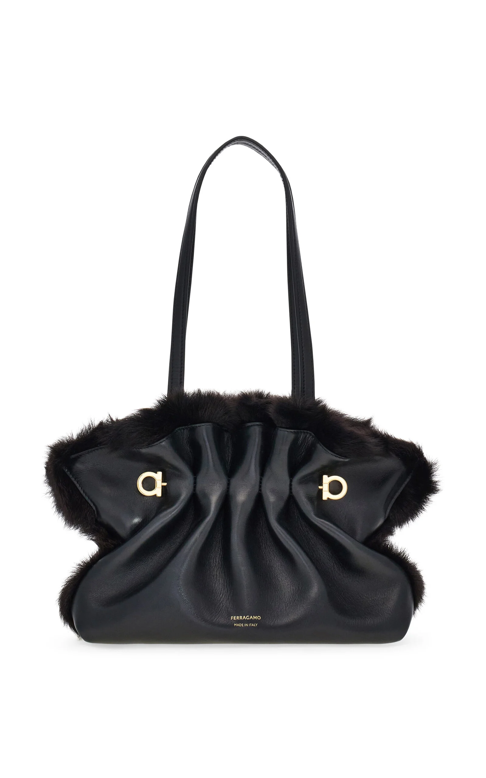 Soft Small Shearling-Trimmed Leather Shoulder Bag black - 1