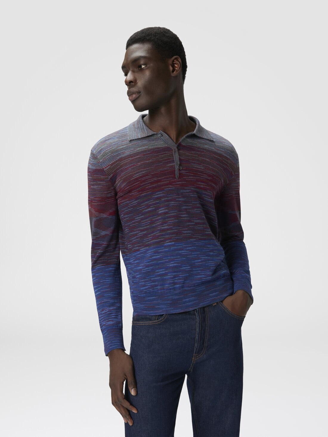Long Sleeve Polo in Pure Wool with Flame Pattern - 4