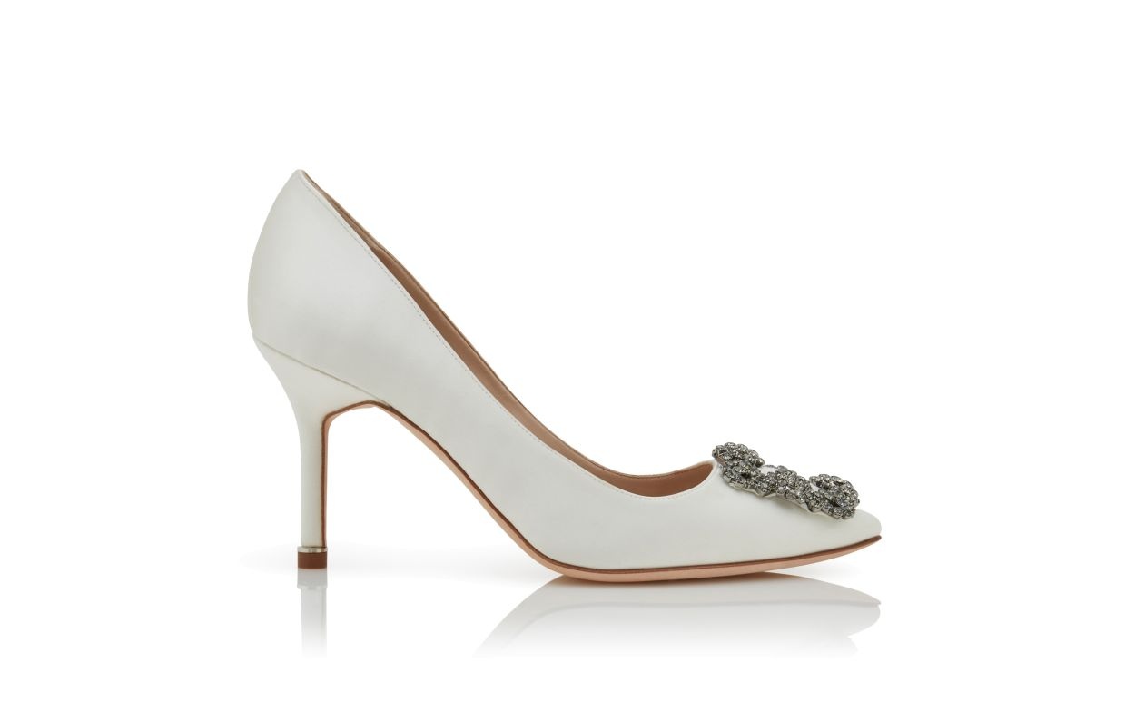 White Satin Jewel Buckle Pumps - 1