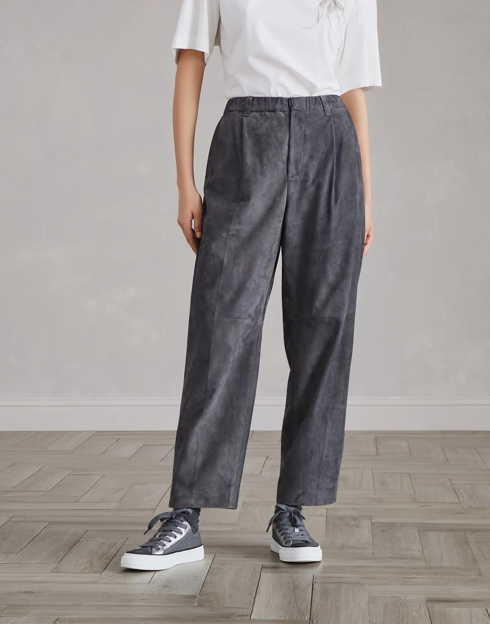 Suede cropped baggy trousers - 1