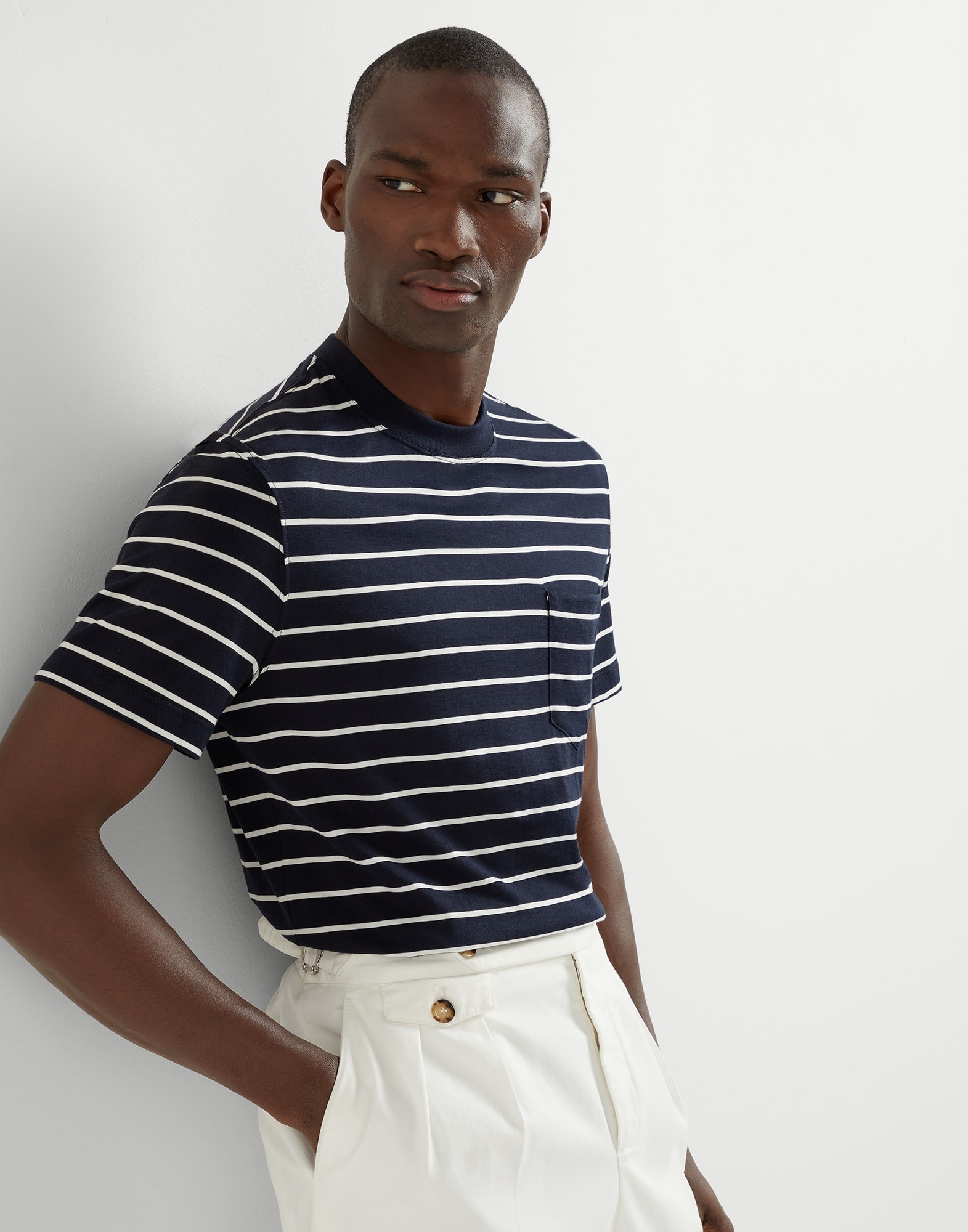 Silk and cotton striped jersey crew neck T-shirt with chest pocket - 4