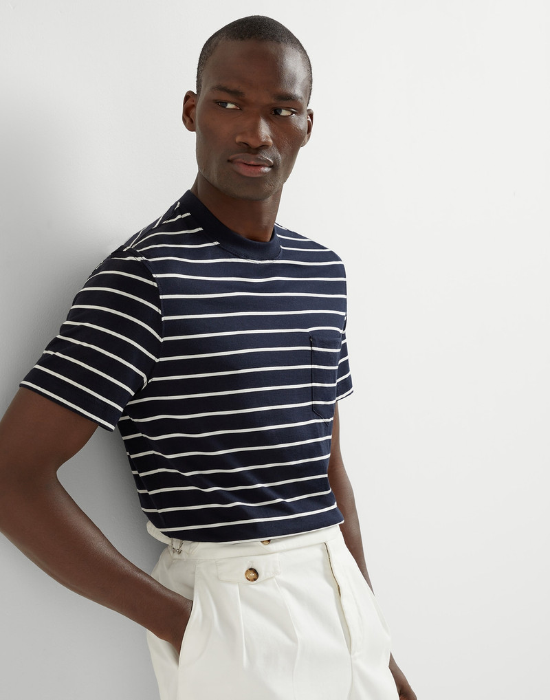 Silk and cotton striped jersey crew neck T-shirt with chest pocket 4