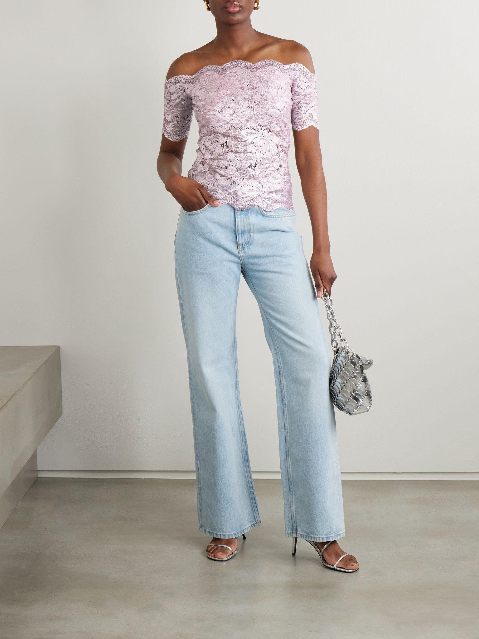 Off-the-shoulder metallic stretch-lace top Pink - 2