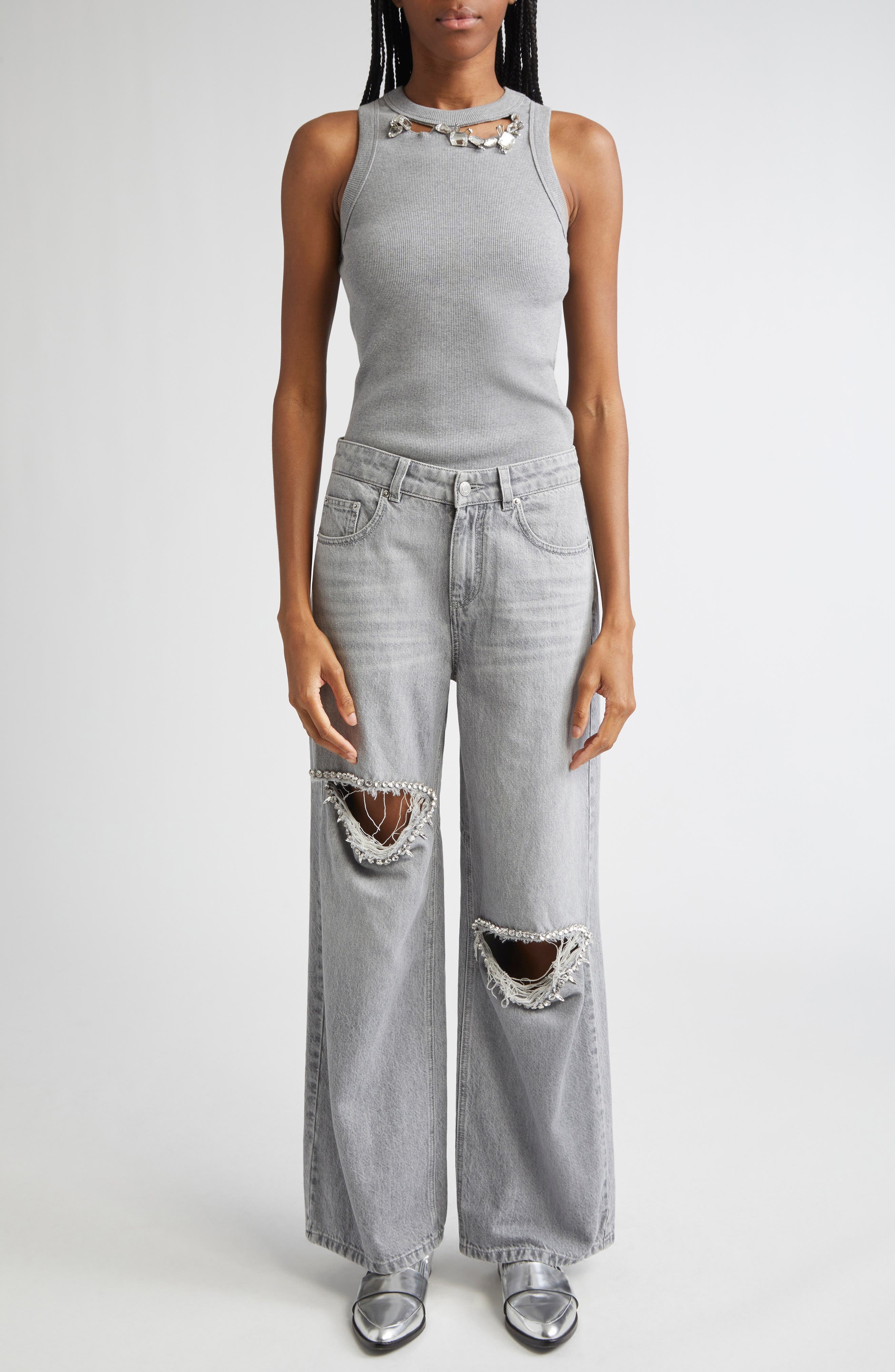 Area Distressed Crystal Rib Tank in Grey Melange at Nordstrom - 2