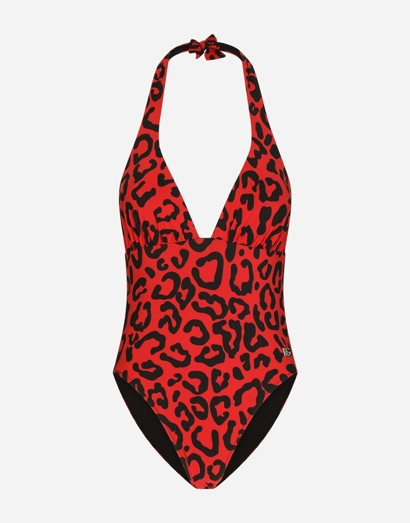 Leopard-print one-piece swimsuit with plunging neckline 1