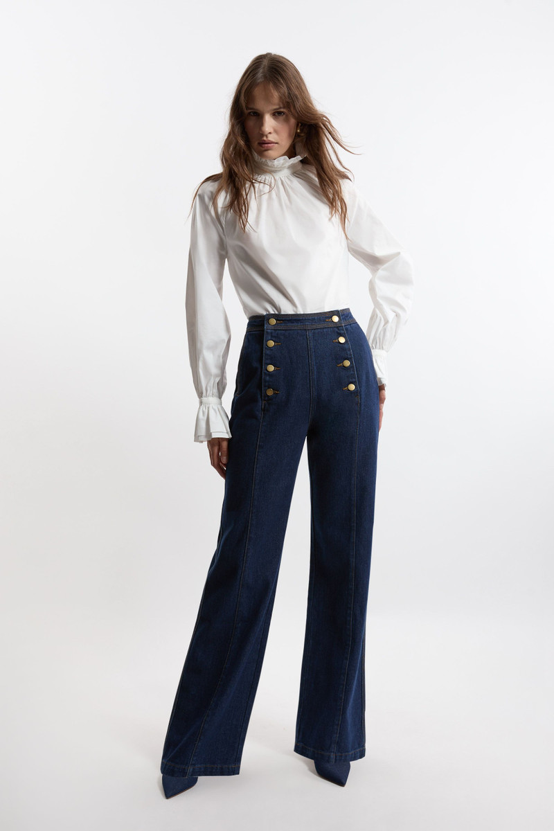 Denim Tailored Button Front Straight Leg Jeans 1