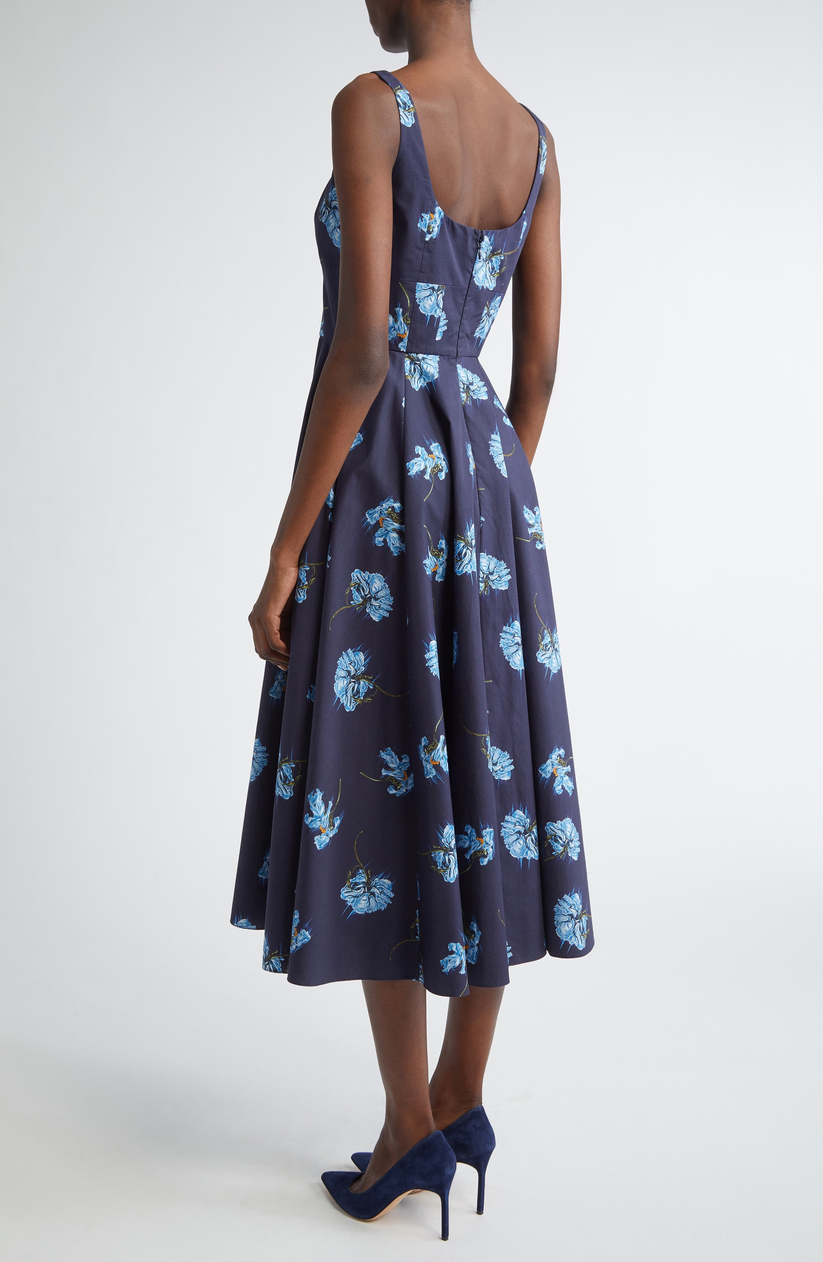 Emilia Wickstead Mona Floral Cotton Poplin Midi Sundress in Blue Flowers On Navy at Nordstrom - 2
