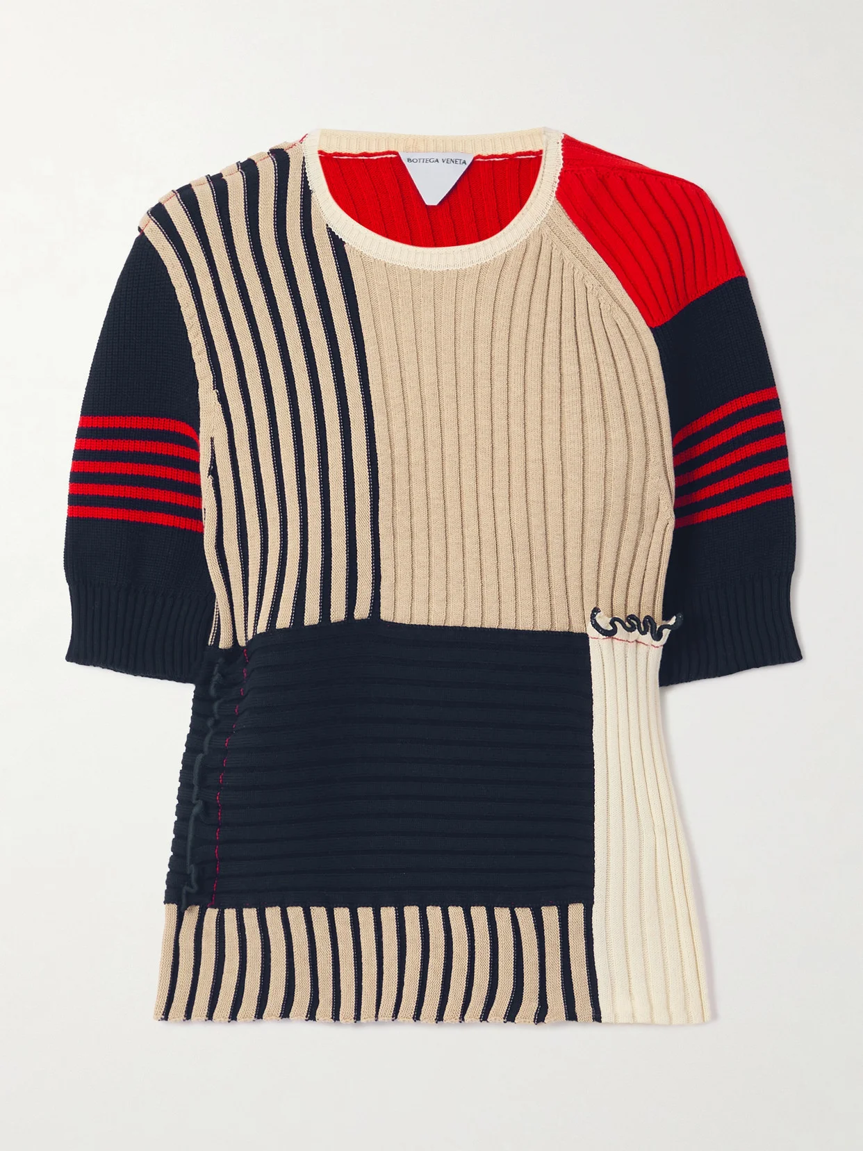 Patchwork Ruffled Striped Ribbed Cotton Sweater - 1