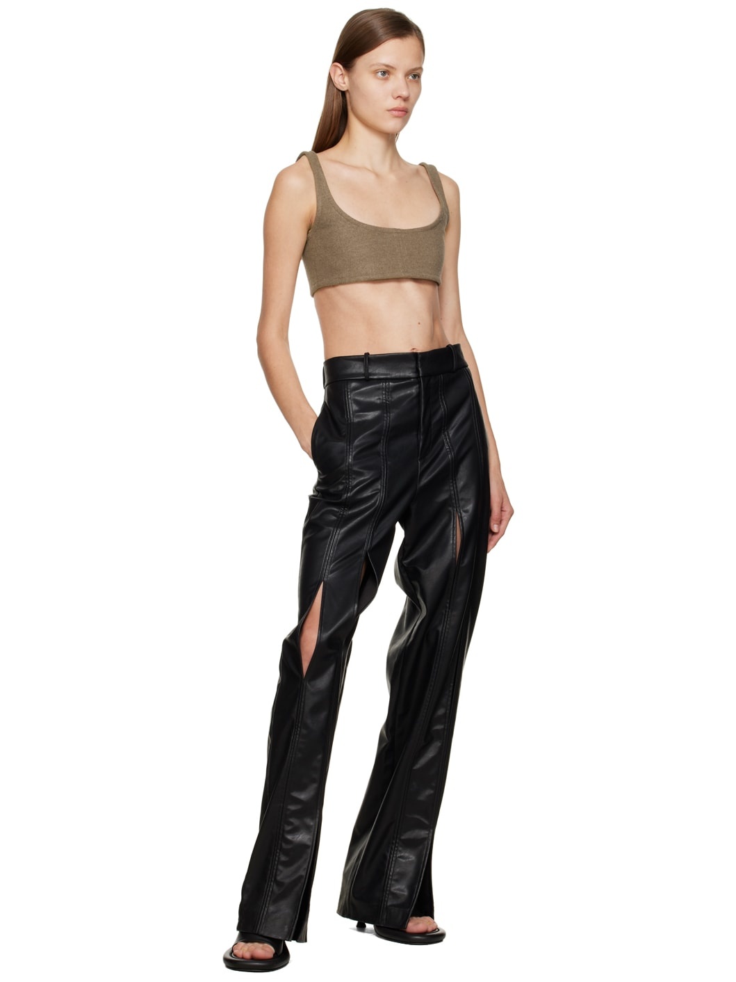 Black Split Seam Faux-Leather Trousers - 4