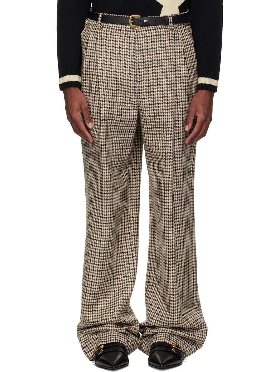 Beige Houndstooth Wool Trousers - 1
