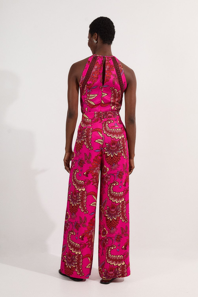 Viscose Floral Print Linen Lace Trim Insert Woven Trouser 3