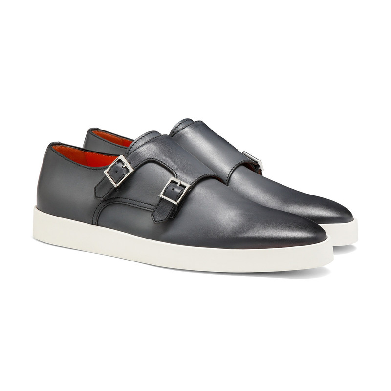 Santoni Men's grey leather double-buckle shoe outlook