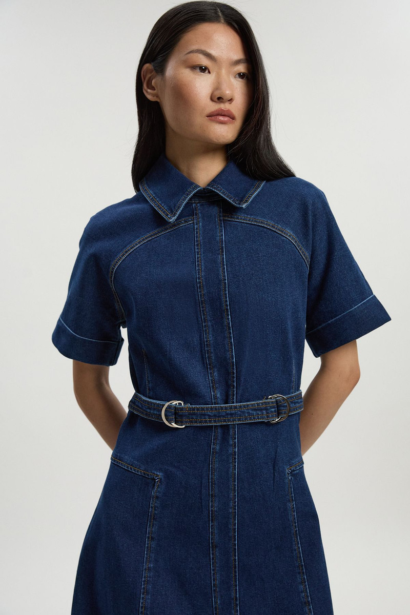 KAREN MILLEN Stretch Denim Tab Belt Detail Midi Dress outlook