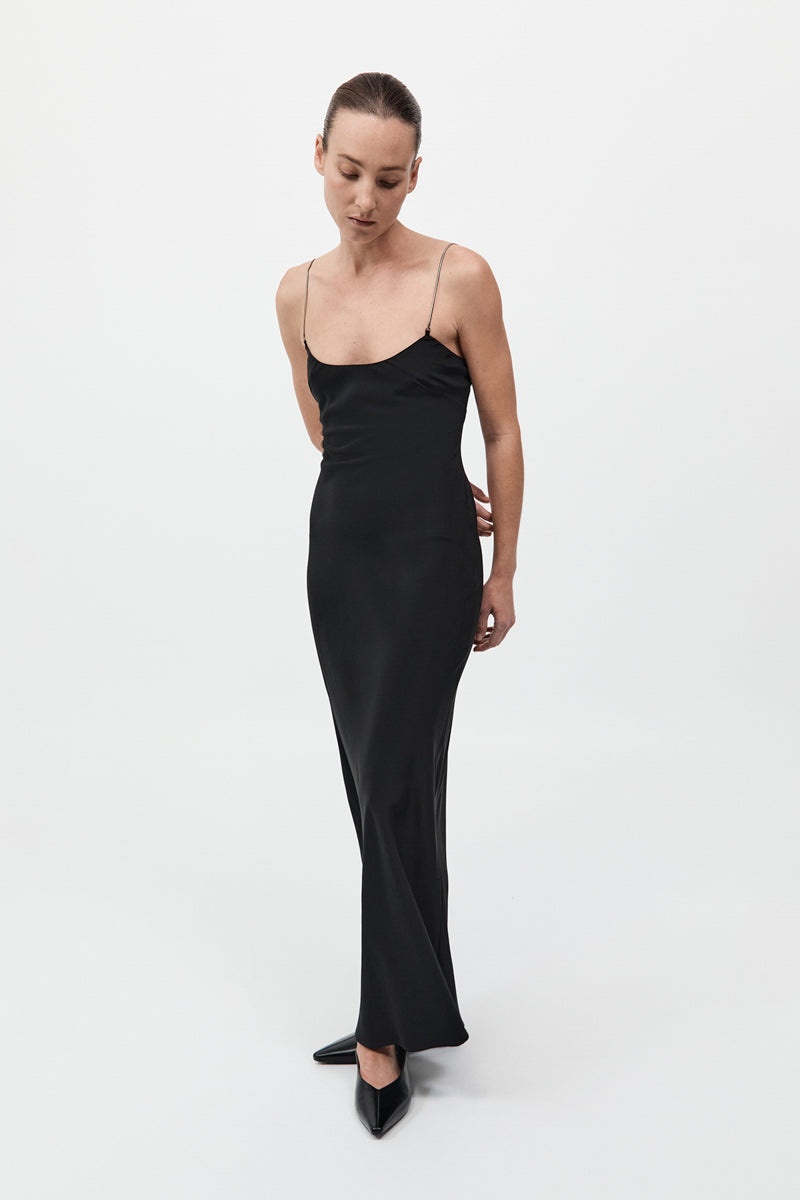 Fine Chain Silk Slip Dress - Black - 5