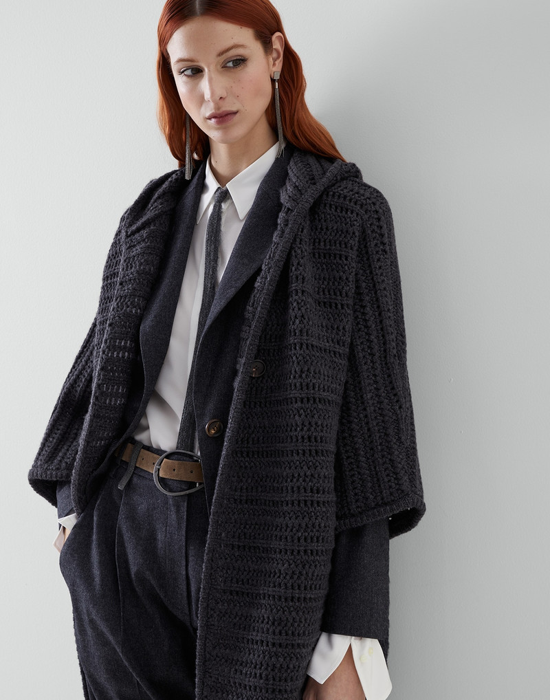 Cashmere Feather yarn crochet-effect cardigan with hood 4