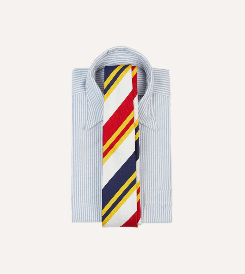 Drake's White, Navy, Yellow and Red Wide Stripe Repp Silk Tipped Tie outlook