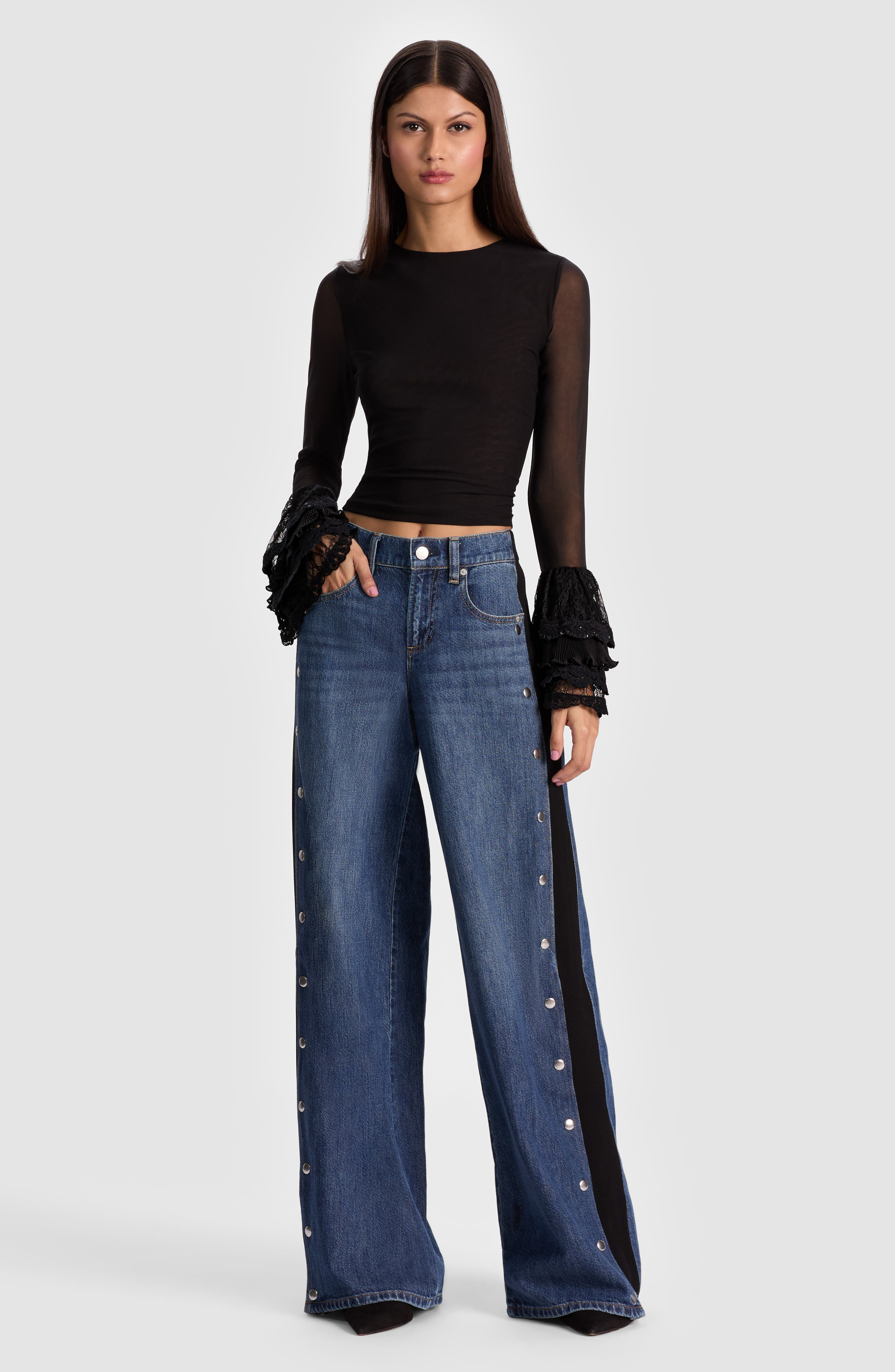 Alice + Olivia Delania Mesh Ruffle Cuff Top in Black at Nordstrom - 6