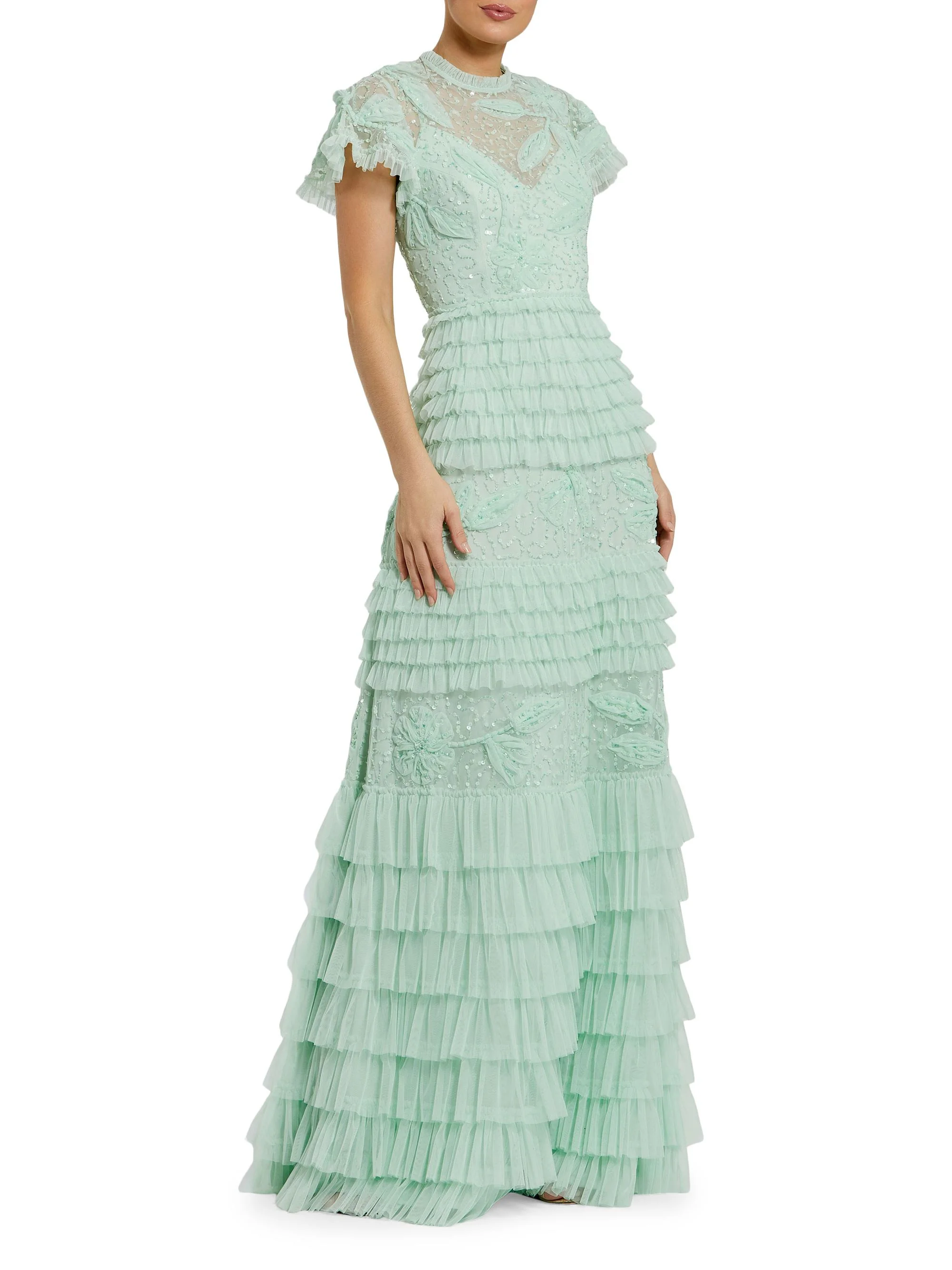 Women's Sequin-Embellished Micro-Ruffle A-Line Gown - Sage - 1