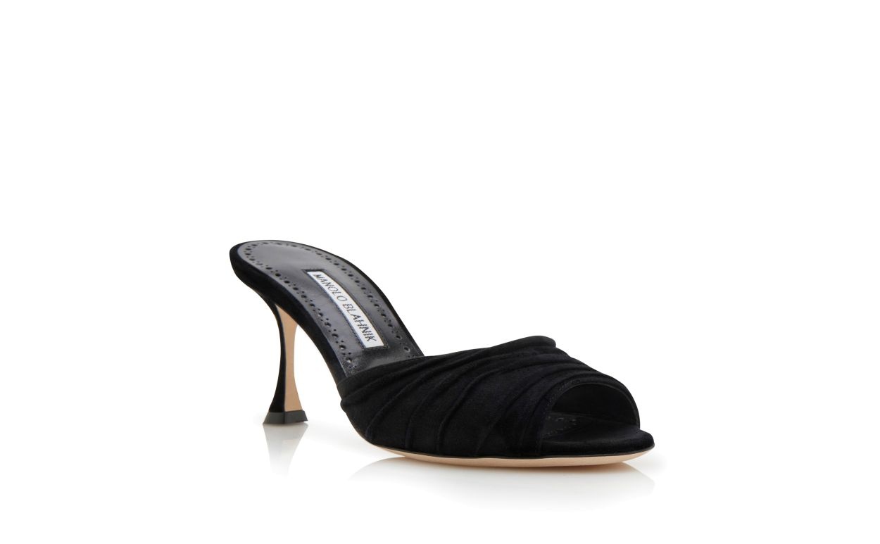 Black Suede Ruched Open Toe Mules - 3