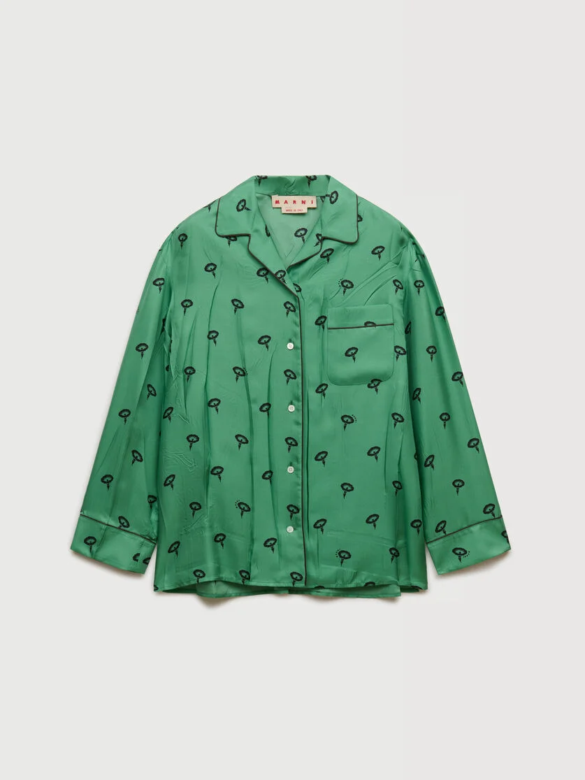 GREEN SILK TWILL PAJAMA SHIRT WITH FLORAL PRINT - 1