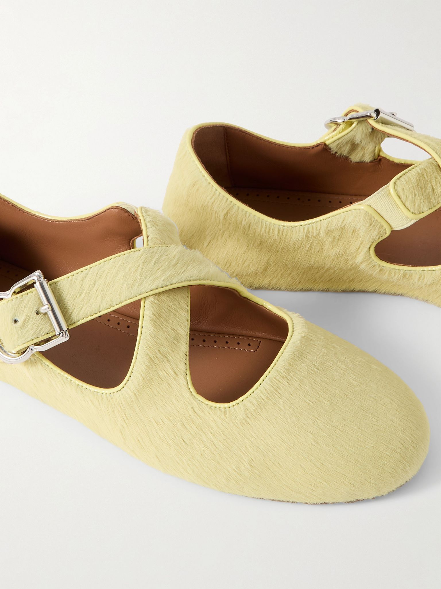 Criss Cross leather-trimmed calf hair ballet flats Yellow - 4