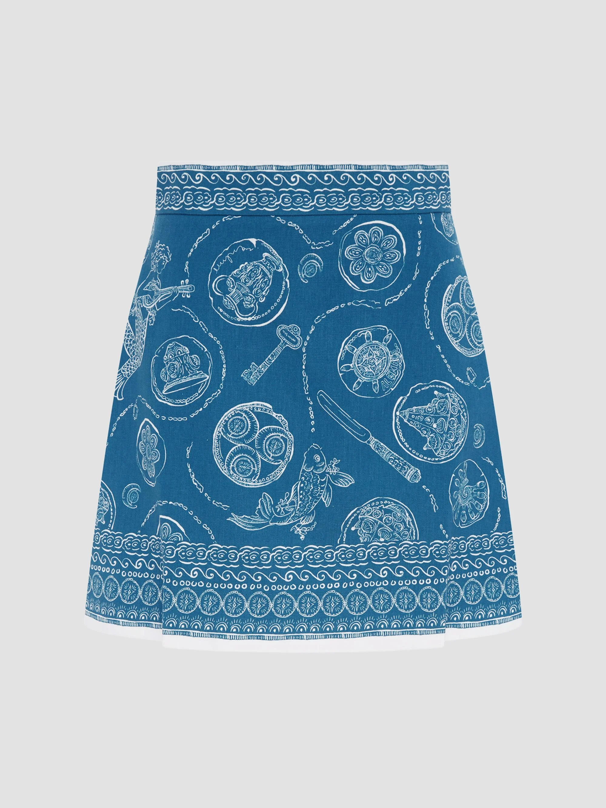 Women's Lucky Printed Linen Mini Skirt - Blue - 1