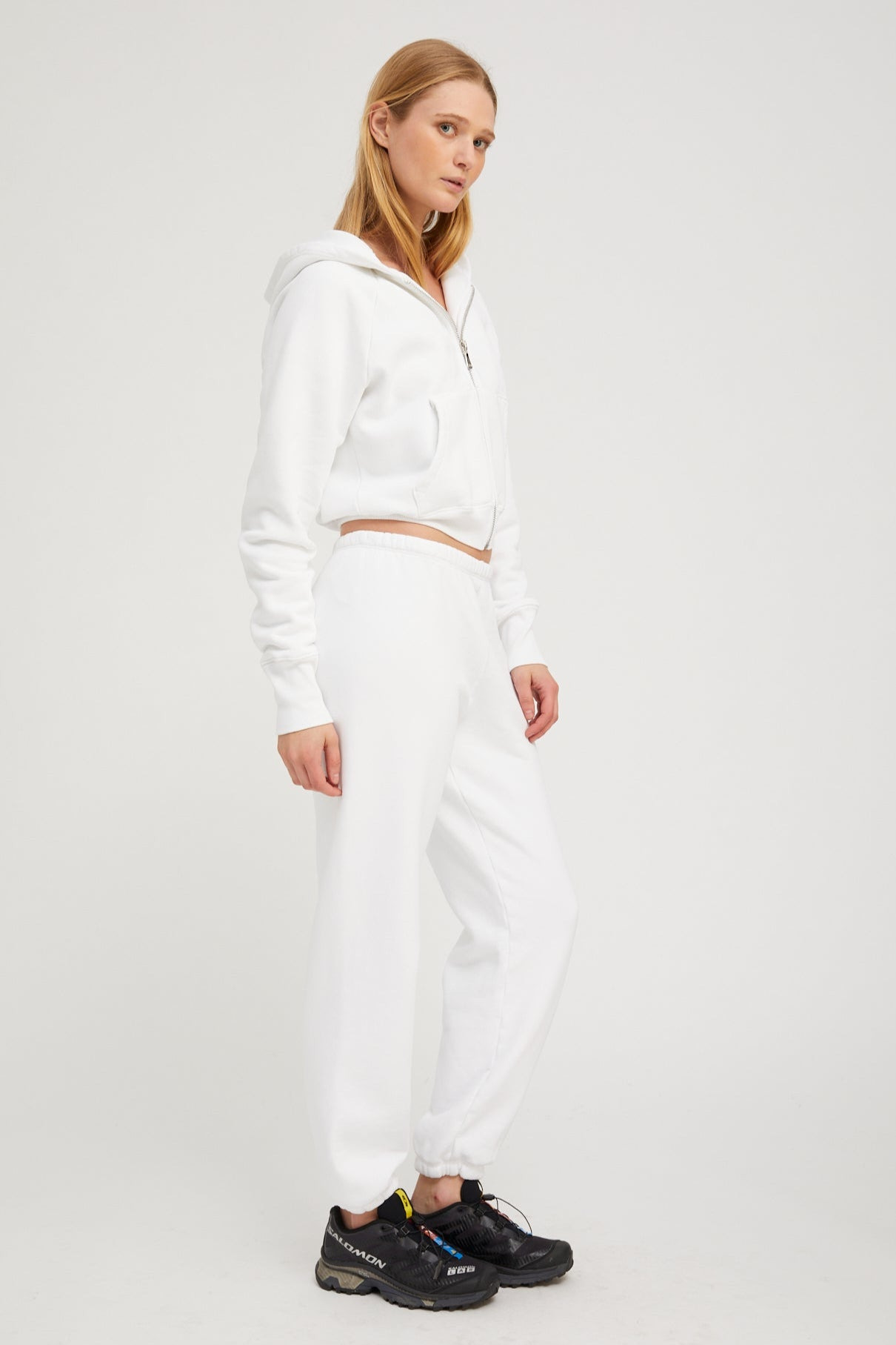 WHITE COTTON SHRUNKEN ZIP UP HOODIE - 3