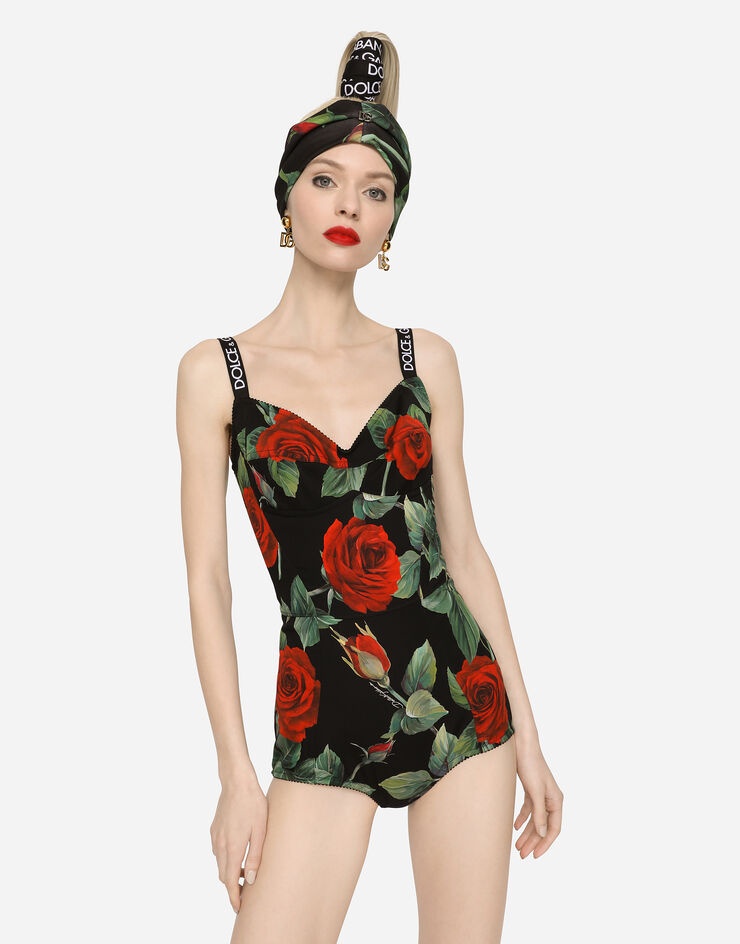 Charmeuse bodysuit with red rose print - 4