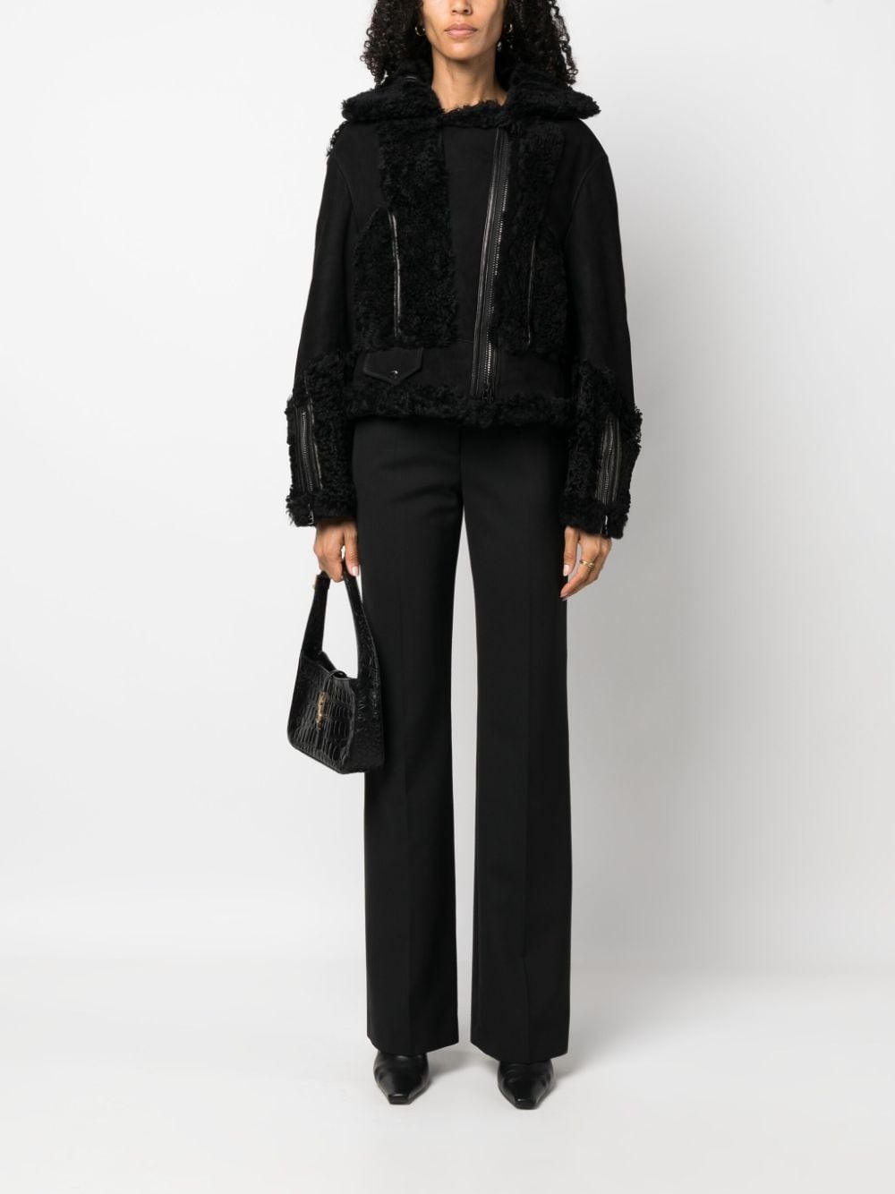 shearling zip-up leather jacket - 2
