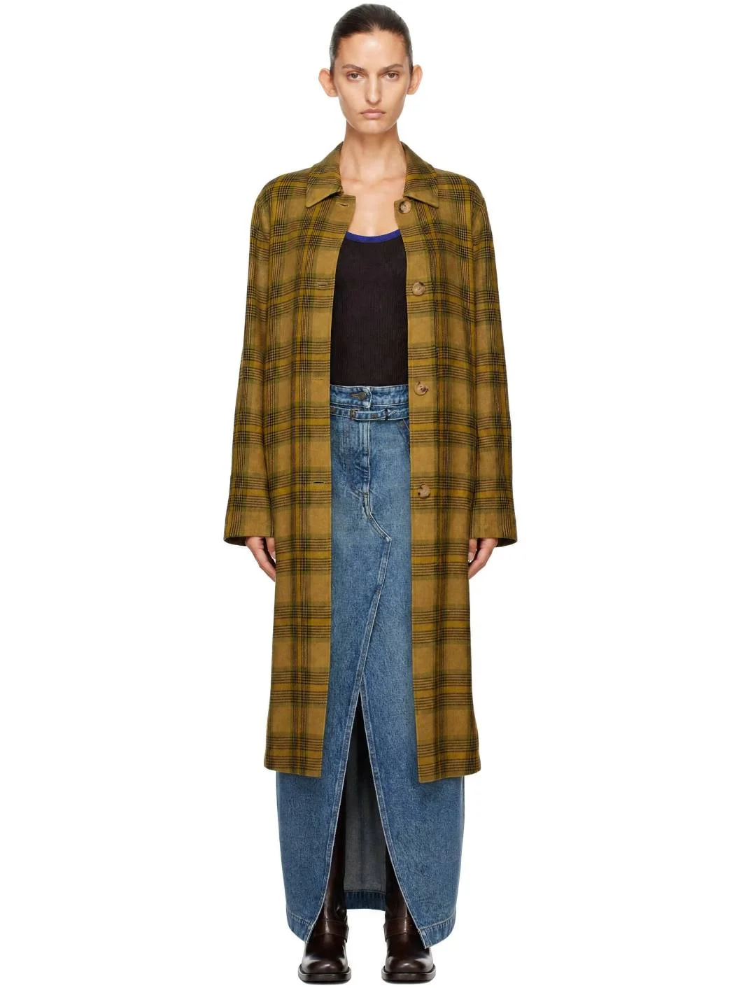 Khaki Wool Check Coat - 1