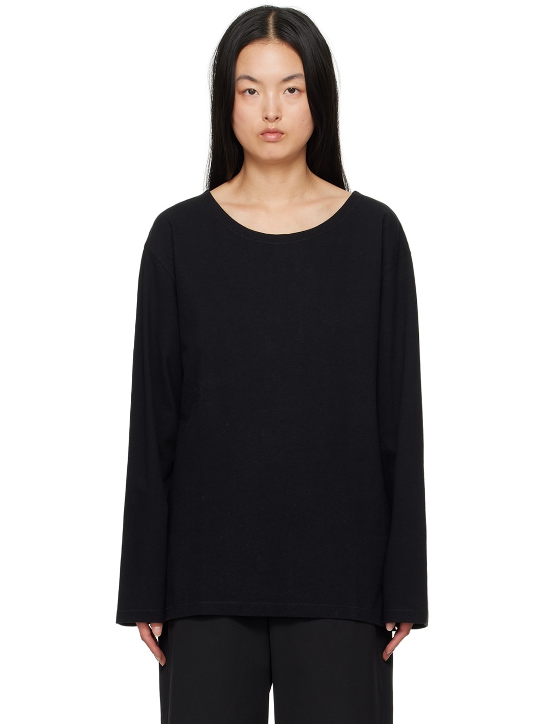 Black Wide Neck Long Sleeve T-Shirt - 1