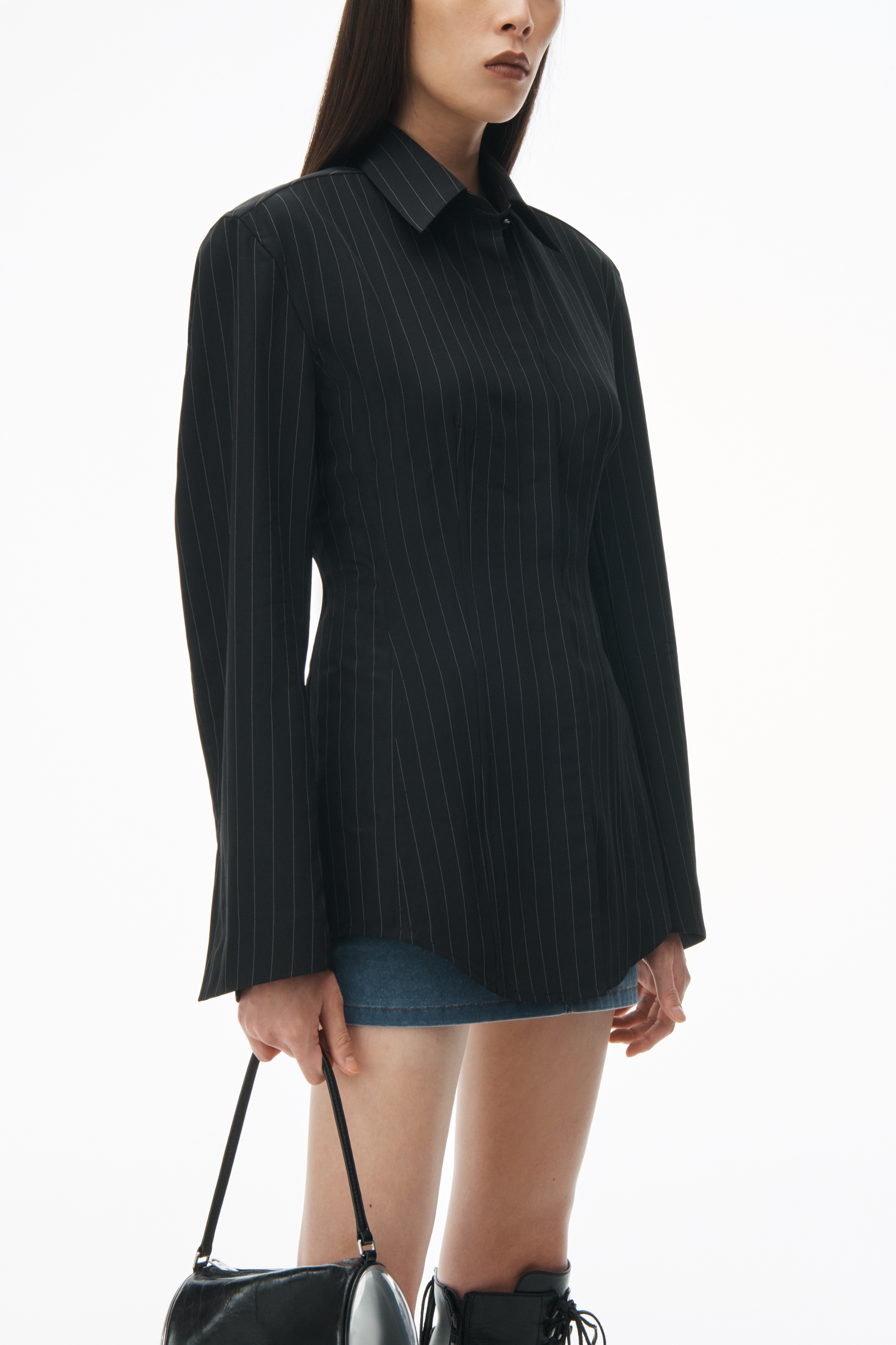 Long Sleeve Belted Shirt in Pinstripe Wool - 3